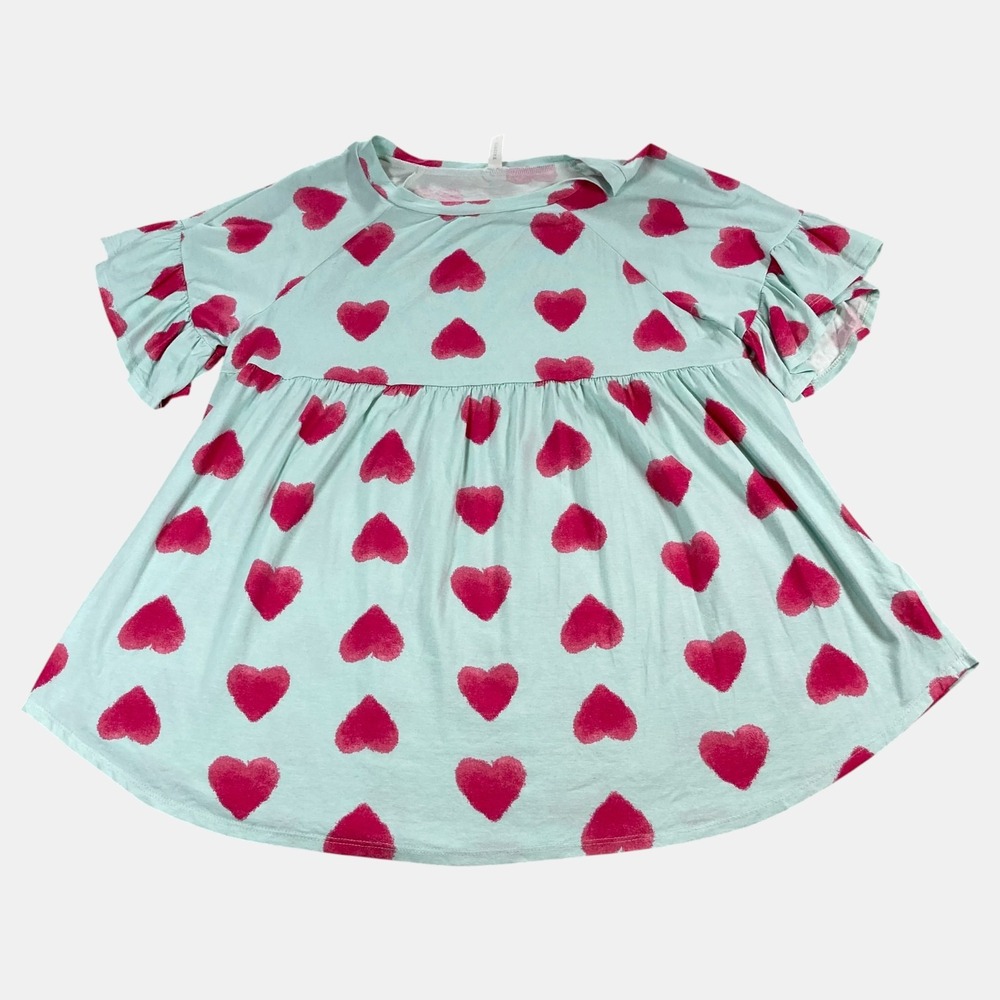 Emerald Dress Kids Girls Aqua Pink Ruffle Sleeve Heart Print Babydoll Size Large